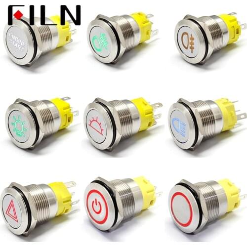 19mm 12v racing Car Boat iP65 waterproof Stainless Steel Metal led Momentary Latching Push Button Switch with DashBoard Symbol