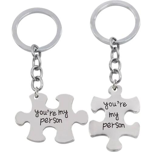 2 PCS/Set Fashion Trendy Lovers' Puzzle Pendant Keychain Letting You Are My Person Puzzle Pendant Key Ring Jewelry For Lover