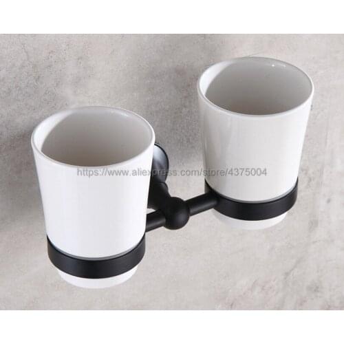 Bathroom Accessory Wall Mounted Black Oil Rubbed Bronze Toothbrush Holder with Two Ceramic Cups Nba859