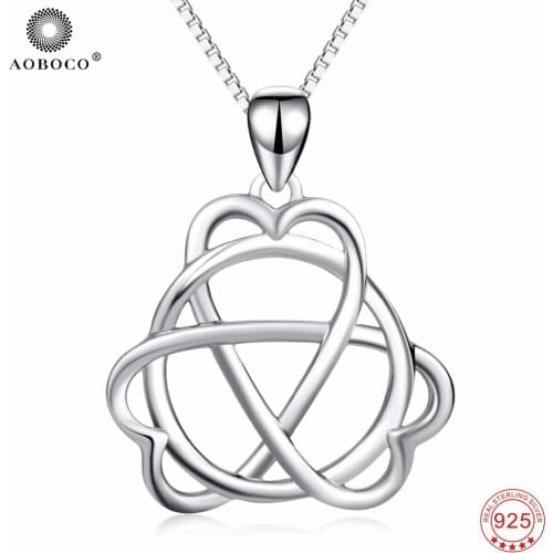 AOBOCO 925 Sterling Silver Necklaces Love Heart Trinity Knot Round Pendant Hollow Necklaces Fine Jewelry Gift For Women PYX0169