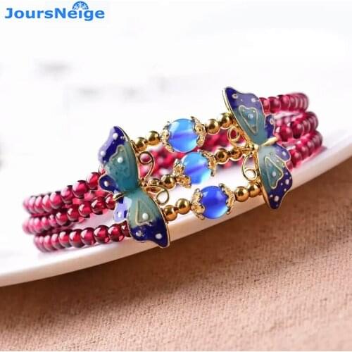 Wholesale Natural Garnet Stone Bracelets Wine Red Bead With Roasted Blue Butterfly Bracelet For Women Girl Multilayer Jewelry