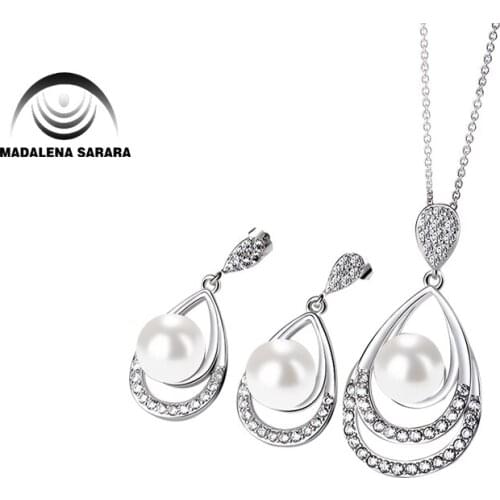 MADALENA SARARA Drop Style AAAA Cubic Zirconia AAA 8mm Freshwater Pearl S925 Plated pendant chain Necklace Jewelry Set