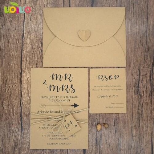 Cheap traditional kraft paper printing wedding invitation card 50sets lace card for wedding and birthday with small name tag