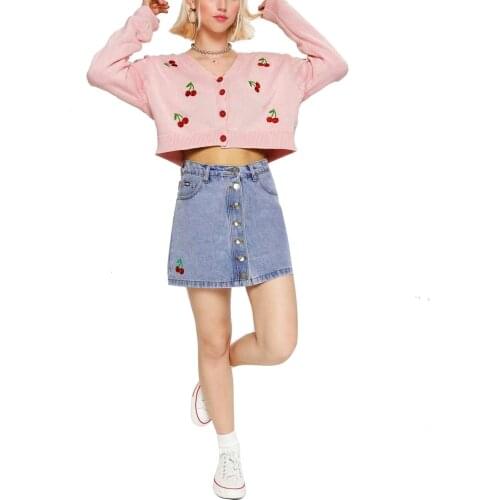 Women Long Sleeves V-Neck Single-Breasted Cherry Embroidery Loose Knitwear White Pink Cherry Embroidery S M L