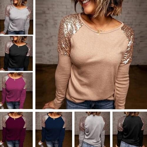 Spring Long Sleeve T-shirt Patchwork Sequins Women Loose Casual Shirts Elegant Ladies Streetwear Tees Top Blusas Mujer