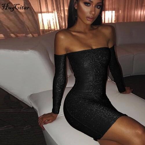 Hugcitar 2019 long sleeve slash neck sexy tube mini dress autumn winter women party club pure shining outfits christmas