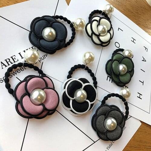 Korean Simple Camellia Flowers Cloth Art Imitation Pearl Elastic Hair Bands Girl Women Fashion Headdress Hair Accessories