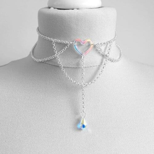 Pretty Heart Ring Choker Chain Iridescent Choker with Hanging Clear AB Crystal Bead Drop Pendant,gift for Her