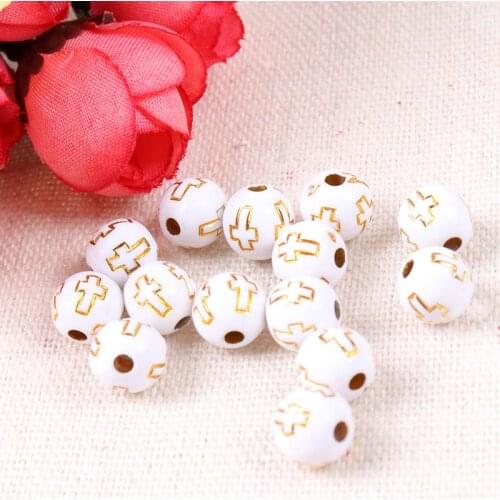 White Vintage Gold Cross Stripe Round Acrylic Spacer Beads For Bracelet Necklace Jewelry Making DIY 8mm 200pcs/lot 2018 New