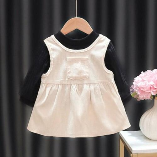 2021 New Baby Dress Set Spring Autumn Solid Color Long-sleeve Top + Sleeveless Dress 2Pcs College Style Baby Girl Princess Dress