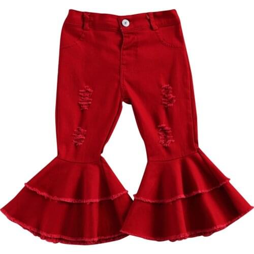 New Kids Flared Jeans Solid Color High Waist Pants Ripped Trousers Close-Fitting Pants for Girls Red/Orange