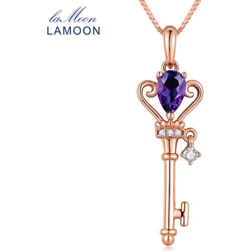 LAMOON- Crown Key Pendant Necklace 6x4mm 0.4ct Natural Teardrop Amethyst 925 Sterling Silver Jewelry Color S925 LMNI004