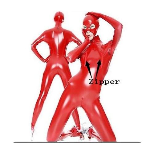 Adult Sexy Women Full Body Red Shiny PVC Suit Open Eyes And Mouth Fancy Dress Zentai Suit with Breast zipper