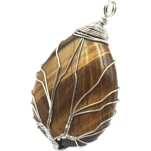 Tree of Life Wire Wrap Pendant for DIY Necklace Stone Water Drop Malachite Lapis Lazuli Tiger Eyes Pendants Jewelry Finding A355