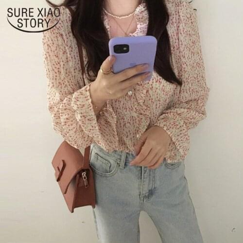 Romantic French Retro V-neck Chiffon Blouse Women Sweet Puff Sleeve Top Chic Hot Vintage Print Ruffles Flare Sleeves Shirt 10115