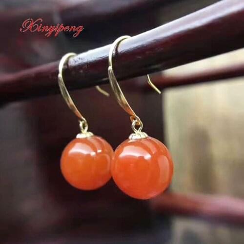 Xinyipeng 18 k gold inlaid natural agate earrings Female eardrop Red agate Simple and easy jewelry His girlfriend holiday gifts