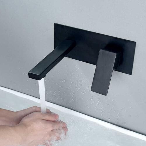 Modern black wall-mount single square tap ceramic valve switch bathroom sink hot and cold bath mixer