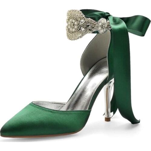 D'orsay lady satin evening dress shoes pointed toe bridal wedding pumps with pearls crystal ankle strap ribbon tie high heels