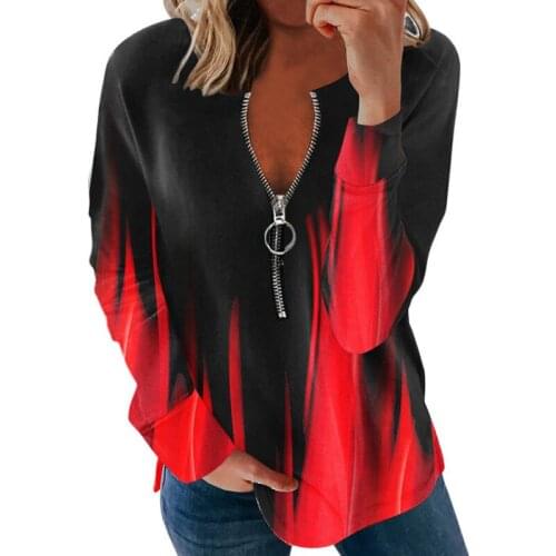 2021 New Woman Long Sleeve Blouse Fashion Sexy Zipper V Neck Gradient Pullover Ladies Shirt Vintage Casual Female Elegant Tops