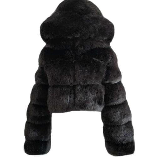 Fashion Autumn Winter High Quality Faux Fox Fur Coat Women Vintage Long Sleeve With Cap Slim Short Jackets Furry Coat Femme -40