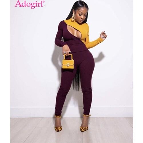 Adogirl Front Zipper Color Patchwork Skinny Jumpsuit Turtleneck Long Sleeve Hollow Out Sexy Casual Romper Female Overalls