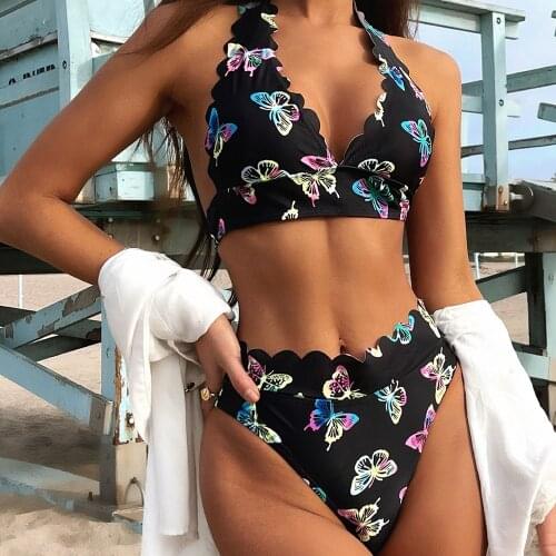 Womens Split High Waist Swimsuit Print Sexy Ruffle Bikini European American Fashion Beachwear Summer Hot Spring Beach Surfing
