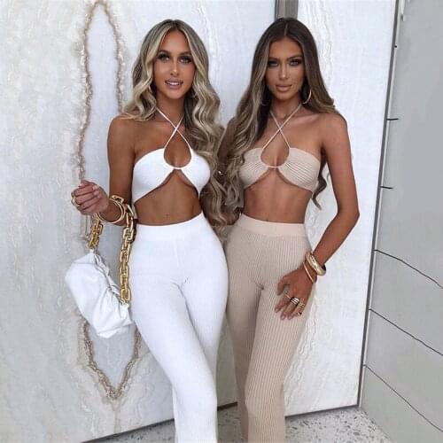Womens Tops White Knitting Striped Two Pieces Set Sexy Halter Top Long Pant Women Set Elegant 2 Piece Set Women Set