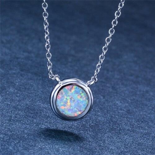 Boho Female Small Round Pendant Necklace Silver Color Choker Chain Necklace White Blue Fire Opal Necklace For Women