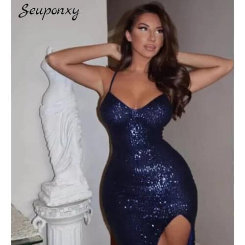 High Quality Elegant WomenS Sexy Spaghetti Strap Backless Mesh Sequin Split Dress 2021 Summer Bodycon Club Party Dress Vestidos
