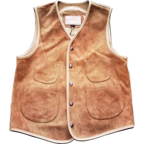Japanese Casual Genuine Leather Vest Mens Cowhide Vintage Sleeveless Jacket Multiple Pockets Brown Real Leather Waistcoat