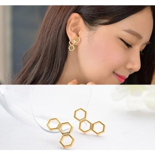 Gold Hollow Geometric Hexagonal Stud Earrings Women Simple Honeycomb Earring Jewelry Ear Accessories