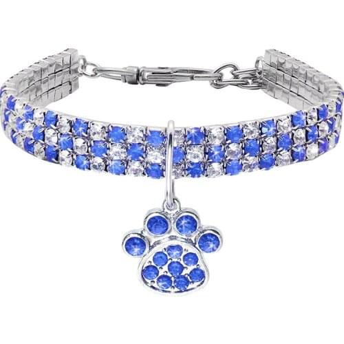 1 PC Cat Dog Rhinestone Collar Sparkly Pet Crystal Diamante Diamonds Elastic Necklace With Paw Pendant