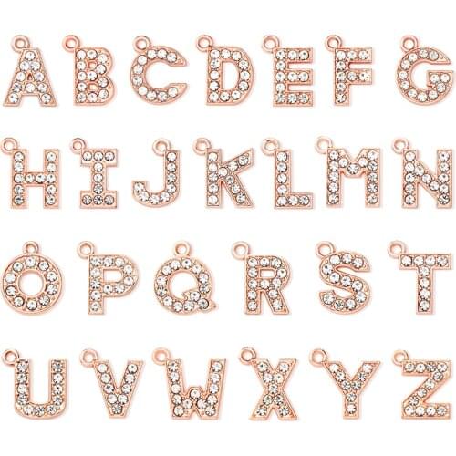 1pcs Rose Gold Rhinestone Hang Letters Charms Pendant Approximately 15x15mm Zinc Alloy Fit Pet Dog Collar Tag Necklace Bracelet