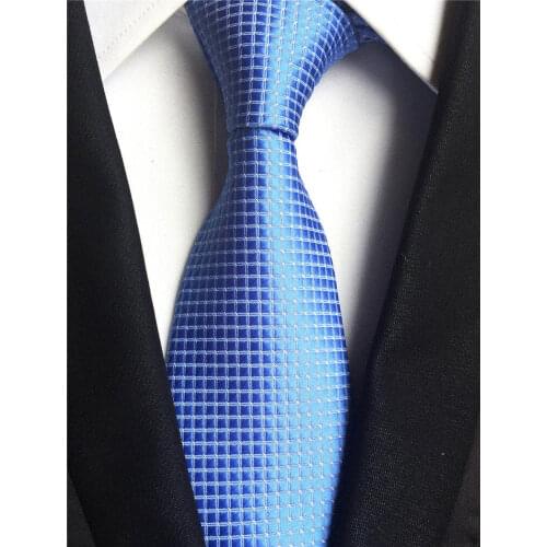 8cm Mens Checkered Ties Light Blue Grids Necktie for Meeting