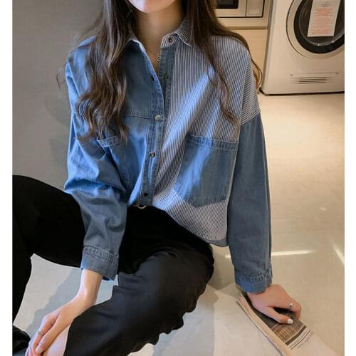 Spring Autumn Loose Blue Denim Blouse Women Big Size Fashion Casual Vintage Long Sleeve Jeans Shirt Female Tops Streetwear