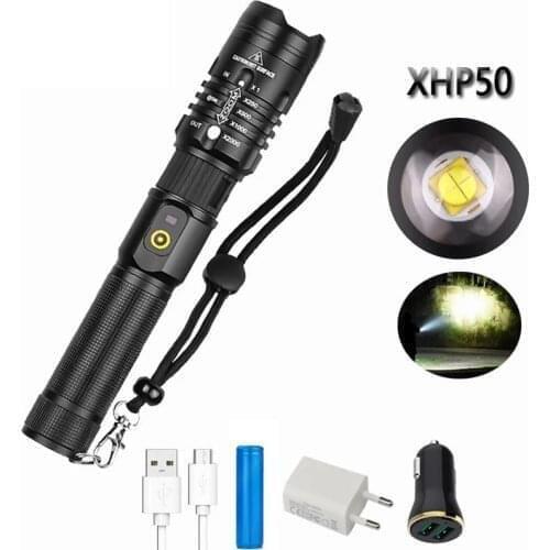 D2 Led XHP70 Xhp50 Flashlight Zoomable Rechargeable Super Bright Usb EDC Torch Light Lamp Lantern 18650 Battery Out Camping Hand