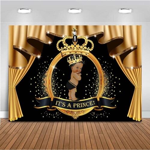 Royal Baby Shower Backdrop Golden Crown and Curtrain Background Its a prince Baby Shower Party Decoration Props Dessert Table