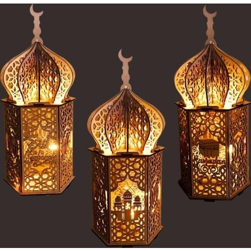 GIHOO 1pcs Wooden Eid Decoration Lantern Shine Palace Ramadan Decorations for Home Muslim Islam DIY Eid Mubarak Decoration