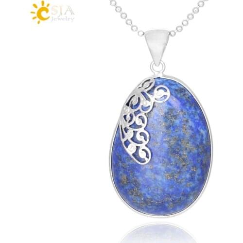 CSJA Hot Lapis Lazuli Stone Pendant Necklace Oval Vintage Blue Necklaces Water Drop Shaped Bead Female Healing Jewelry Gift F320