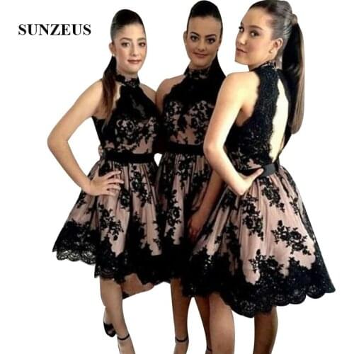 Short Bridesmaid Dresses Black Appliques Lace Wedding Party Gowns High Neck Girls Formal Dress