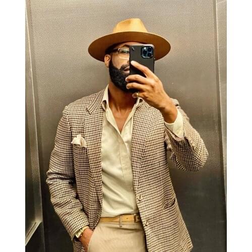 Jacket+Pants) Autumn Vintage Khaki Houndstooth Business Notch Lapel Groomsman Suit 2 Piece Formal Man Blazer Custom Made