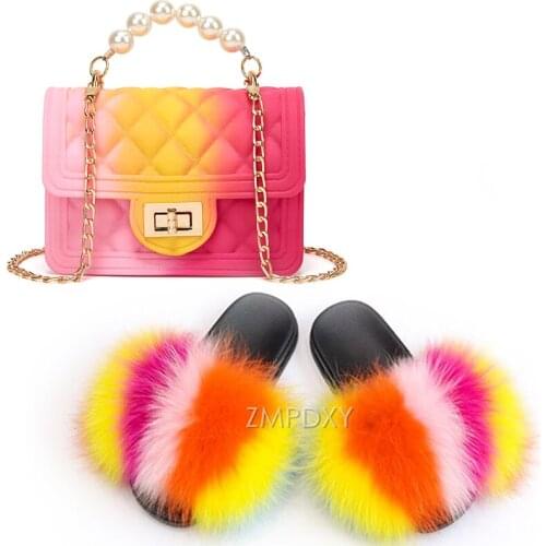 Fur Slides Women Fur Slippers with Matching Purse Big Fur Slides Exquisite Pearl Handbag Girls mini Candy Jelly Bags Hot Sale