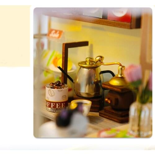 Dollhouse Cat Coffee Shop Kit LED Light Wooden 3D Puzzles Self Assembly