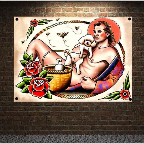 Old School Retro Tattoo Banner Canvas Painting Wall Art Print Posters Home Decor Mural Hanging Flag 4 Gromments in Corners