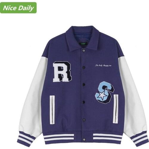 NiceDaily Mens and Womens Bomber Jackets Hip-Hop Retro Blue Vintage Ins Loose Warm Cotton Long-Sleeved Baseball Uniform Jacket