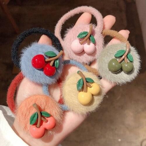 New Fluff Fur Fruit Hair Accessories Elastic Hair Bands Cute Flower Fruits Cherry Hair Ties Rubber Bands Scrunchies Wholesale