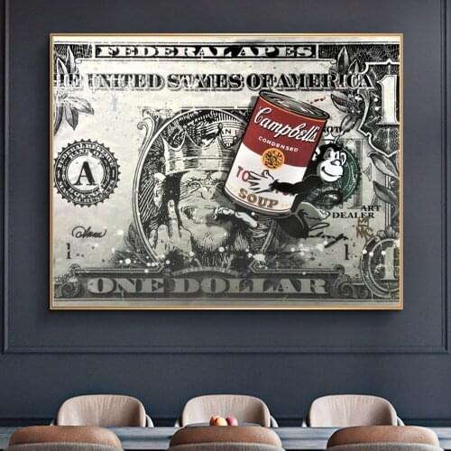 Monkey On Dollar Cash Funny Picture Home Decor Poster And Prints Creative Money Painting On Canvas Wall Art For Living Room