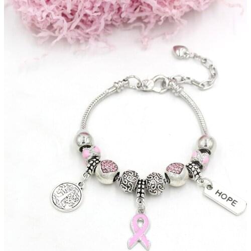 Wholesale 10PCS Cancer Jewelry Hope Breast Cancer Awareness Life Tree Hope Pink Ribbon Charm Bracelets Women Gifts Pulsera