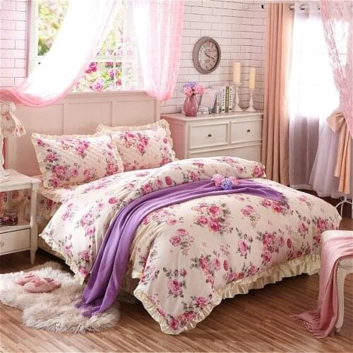 Shabby Chic Floral Duvet Cover Set Luxury Vintage Soft 100%Cotton Bedding set Quilted Bedskirt Pillow shams Queen King size