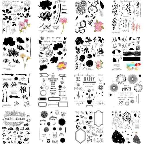 Cutting Dies and Clear Stamps Set Blooming Carnation Rose Flower Petal Leaf Coconut Tree Floral Dress Frame Letter Words 2021